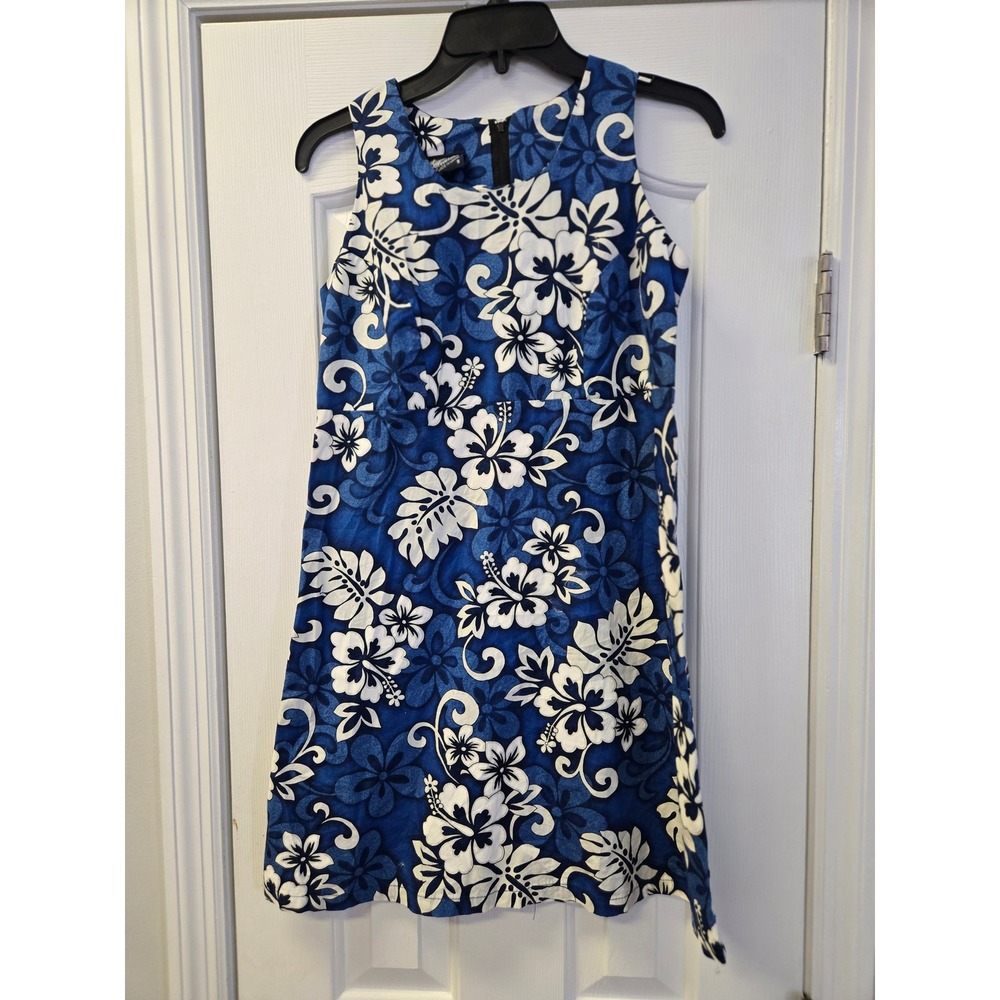 Royal Creations Blue White Hibiscus Floral Aloha Dress Made in Hawaii Small